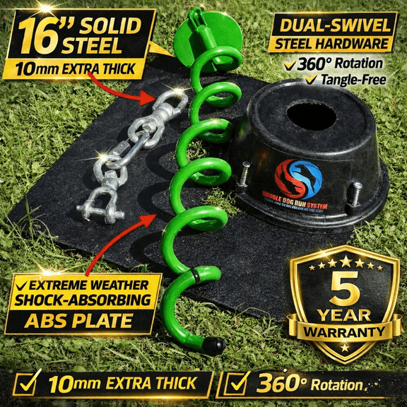 Double Dog Run Heavy Duty Dog Tie Out Stake, 16" Steel Stake, Shock-absorbing Tangle-free Two Dog Tie Out, Up to 1200 lbs, Black
