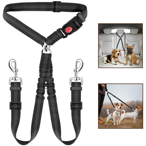 Double Dog Seat Belt for Car, Dual Dog Car Harness for Car Headrest Restraint Safety, No Tangle Dog Seatbelt for Car, Adjustable Elastic Bungee Dog Car Seat Belt Splitter for 2 Dogs