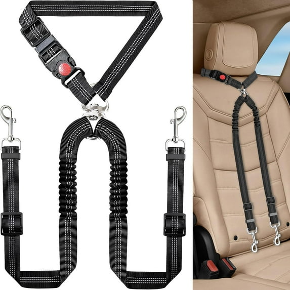 Double Dog Seat Belt for Car, Dual Dog Car Seat Belt for Car Headrest Restraint Safety,No Tangle Dog Seatbelt for Car, Adjustable Elastic Bungee Dog Car Harness Splitter for 2 Dogs