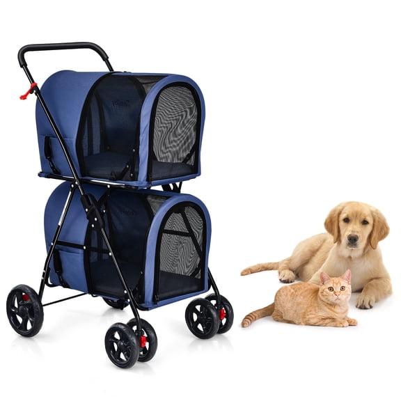 Double Dog Stroller for 2 Dogs Cats Small Medium Sized, 4-Wheel Foldable Pet Stroller with Detachable Carrier Basins, Dual Cabin Travel Carriage for Car Seat Walking Jogging Camping, Heavy Duty Setup