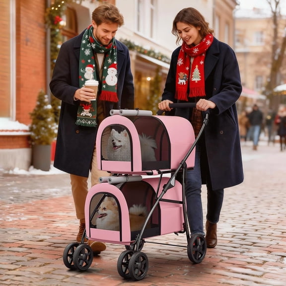 Double Dog Stroller with Detachable Carriers, 4-Wheel Folding Pet Travel Cart for Small-Medium Dogs & Cats, Pink Gray