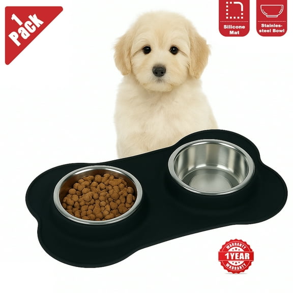 Double Dog and Cat Bowls with Anti-Overflow & Anti-Skid Food Mat, Ideal for Small Pets (Small)