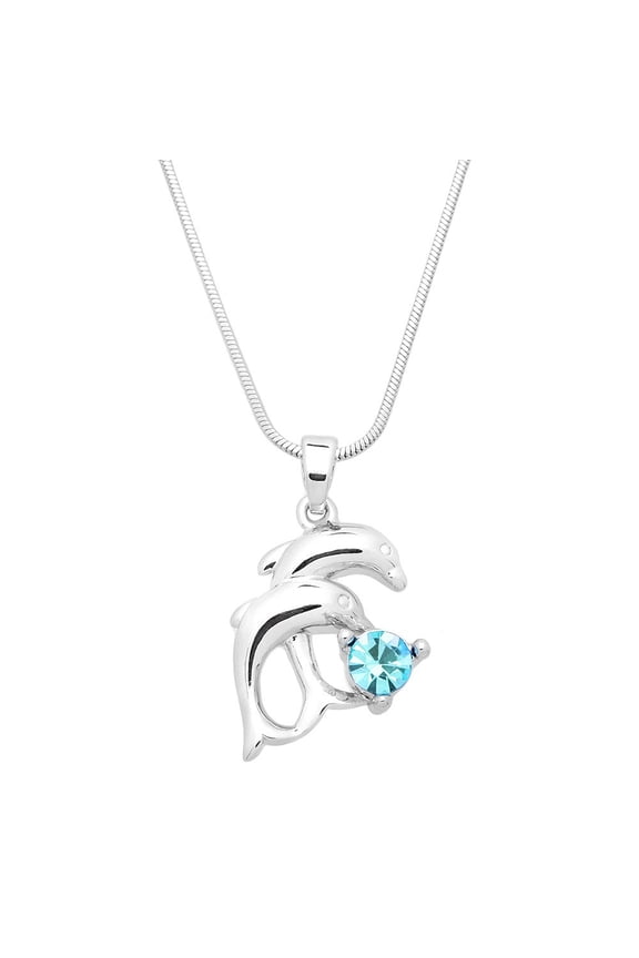 Double Dolphin Pendant Necklace Earring Rhinestone Crystal Rhodium Plated 17 Inch Snake Chain J0687-AQ