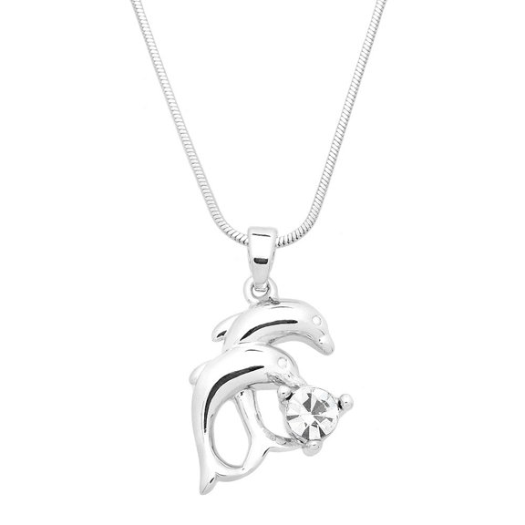 Double Dolphin Pendant Necklace Earring Rhinestone Crystal Rhodium Plated 17 Inch Snake Chain J0687-CR
