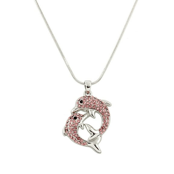 Double Dolphin Pendant Necklace Rhinestone Crystal Rhodium High Polished J0097-PK