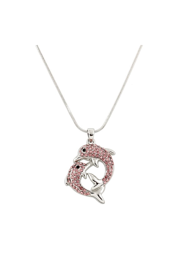 Double Dolphin Pendant Necklace Rhinestone Crystal Rhodium High Polished J0097-PK