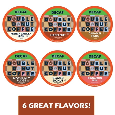 Double Donut Decaf Flavored Coffee Pods Variety Pack, 24 Count Premium Decaffeinated K-Cup Pods, 100% Arabica, 6 Delicious Flavors for Keurig Machines
