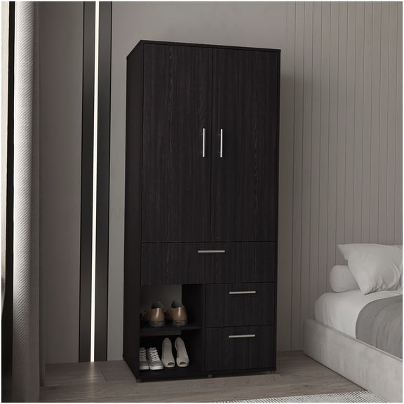 Double Door Armoire Closet with Hanging Rod and Shelves for Bedroom Organization, Black