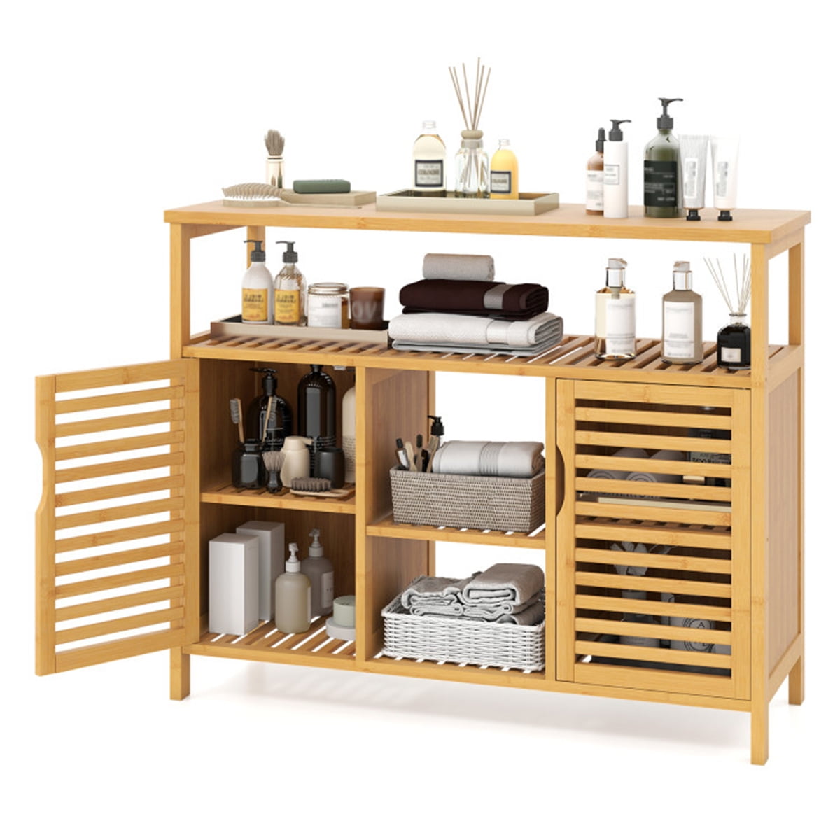 Double Door Bamboo Bathroom Storage Cabinet with Open Shelves, 39.5 Inch Tall Wood Organizer with Anti-Tip Device, for Bathroom, Kitchen, Living Room, Natural Finish