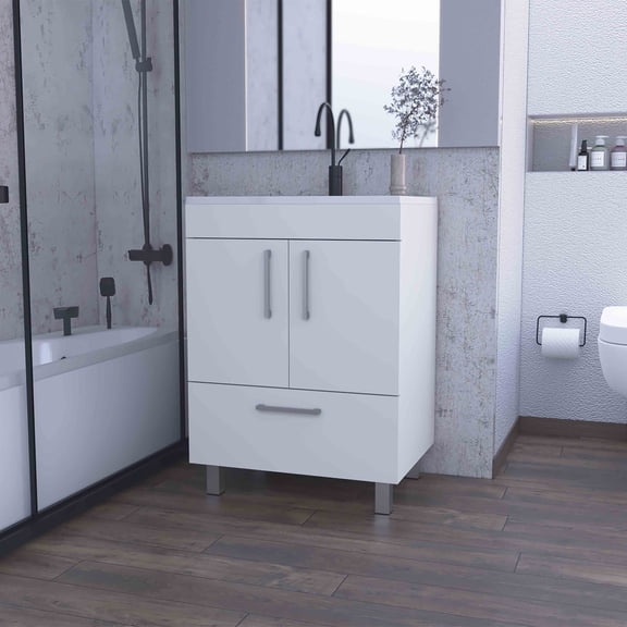 Double Door Bathroom Vanity with Drawer, 23.6" Small Vanity Cabinet, White Melamine Storage for Bathroom