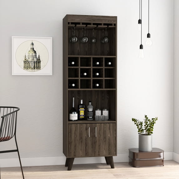 Double Door Cabinet, 9 - Glass Stemware Rack, 12 Wine Racks - Ideal for Storing Wine and Glasses