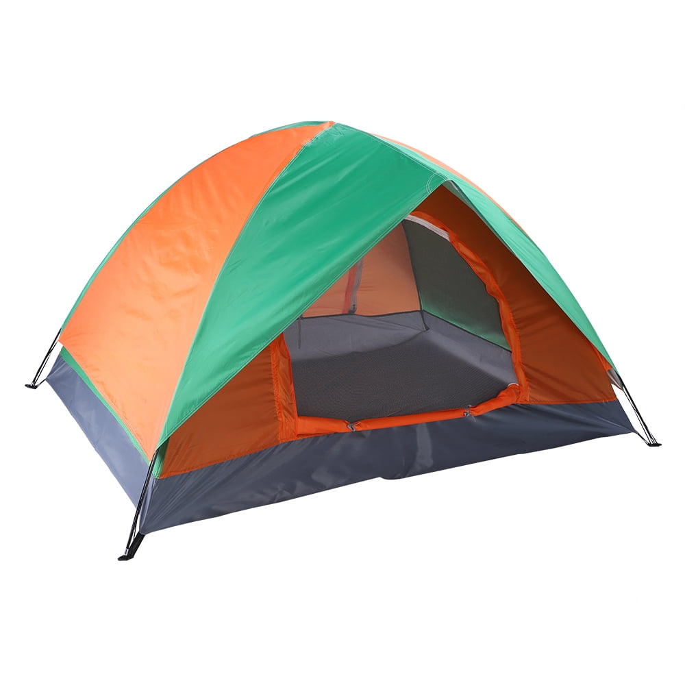 Double Door Camping Dome Tent for 2 Person, Outdoor Portable Hiking Survival Canopy Waterproof Travel Tent with Mesh Vents and 4 Wind Ropes for Adult Family Travel, Green&Orange