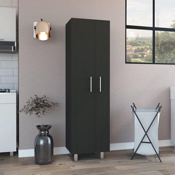 Double Door Cleaning Cabinet With Five Shelves - 71.3 Inch High, Modern Style For Kitchen, Black/white Four Legs Shelves, Particle Board, Kitchen Accessory,