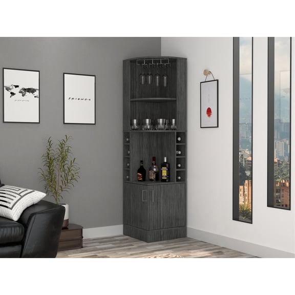 Double - Door Corner Bar Cabinet with 8 Cubbies | Suitable for Home Bar Storage
