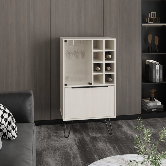 Double Door Credenza | With 8 - bottle Wine Rack | Sturdy Engineered Wood | Store Liquor Properly