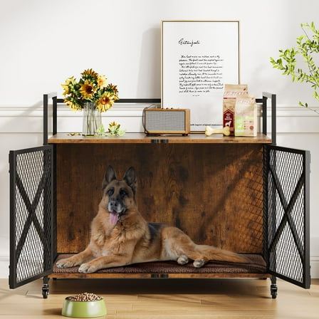Double Door Dog Crate Furniture - 31" / 41" Heavy Duty Wooden Kennel with Lockable Wheels, Decorative Pet Cage for Indoor Use