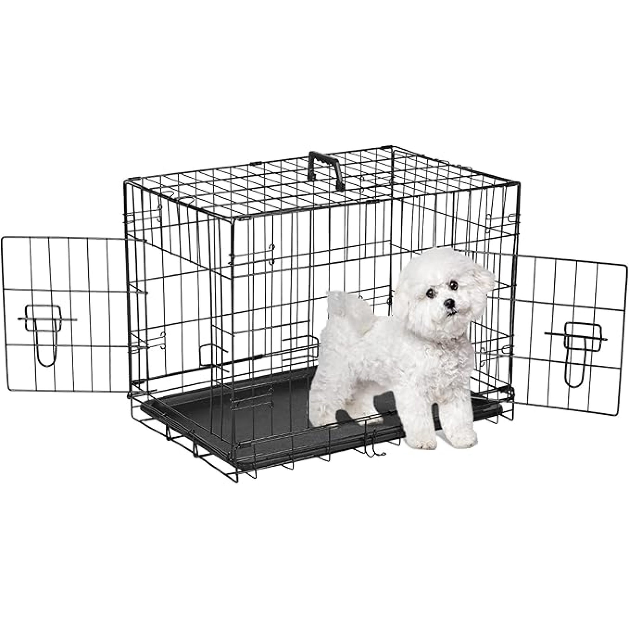 Double Door Dog Crate with Divider Panel 24 Inch Folding Metal Wire Dog Cage with Plastic Leak-Proof Pan Tray, Pet Kennel for Indoor