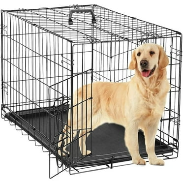 Double Door Dog Crate with Divider Panel 36 Inch Folding Metal Wire Dog Cage with Plastic Leak-Proof Pan Tray, Pet Kennel for Indoor