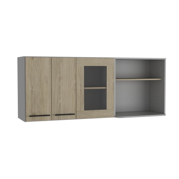 Double Door Glass Wall Cabinet with Shelves, 59.1L x 15.7W x 23.6H Inches, Beige Particle Board Storage for Kitchen, Hasselt Rack