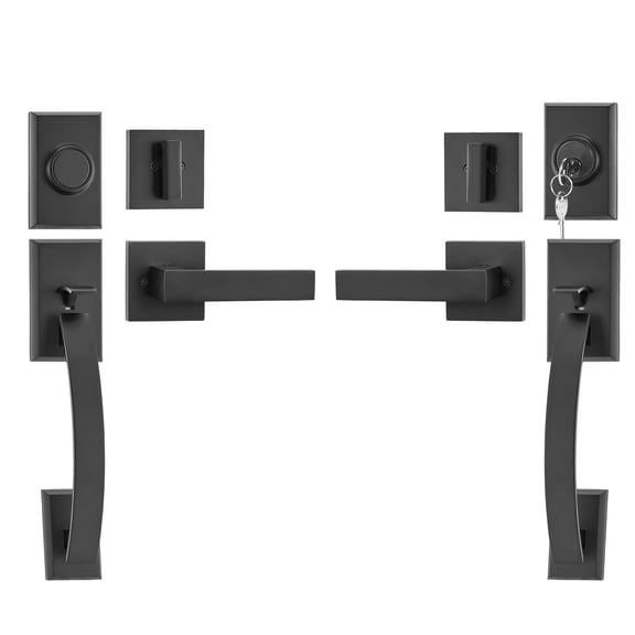 Double Door Handle Set Matte Black Arched Lever, Heavy Lock with Dummy for Front Door Office, Reversible