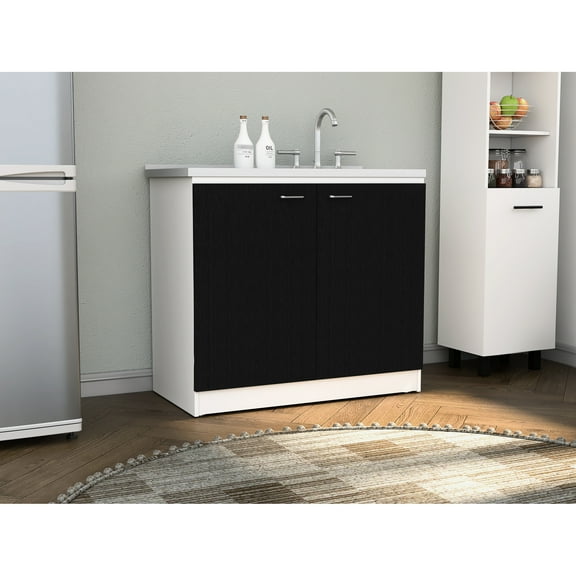 Double Door Kitchen Utility Sink Cabinet With Shelf - Stainless Steel White Black Doors And