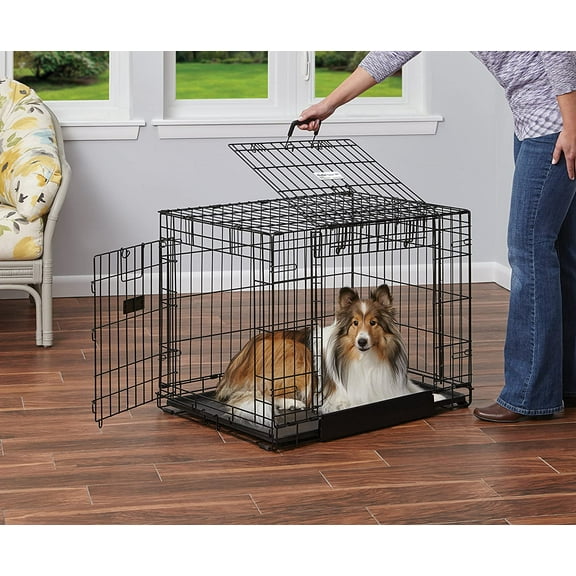Double Door Metal Dog Crate 30-Inch for Pets - Folding with Swing Door & Garage Access