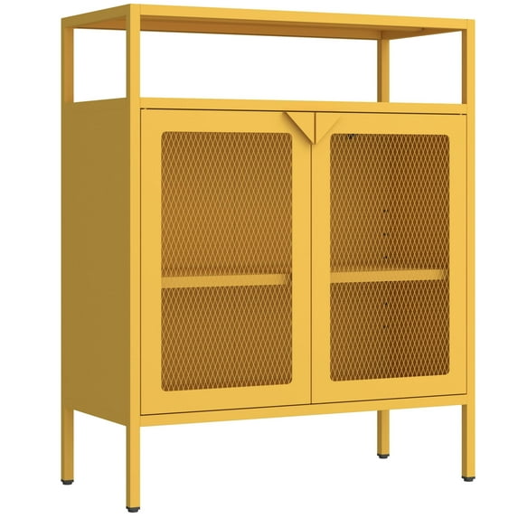 Double Door Metal Storage Cabinet Home Storage Cabinet with Power Outlet for Phone and Tablet Charging, Suitable for Home Entrance Hallway and Office Yellow Size: 33"H X 29.5"W X 13.8"D