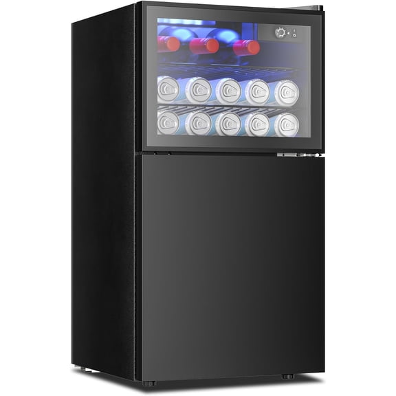 Double Door Mini Fridge With Freezer, Freestanding Wine Cooler Refrigerator With Reversible Door, Compact Refrigerator Temperature Control, Wine Fridge Perfect For Kitchen Home Office.
