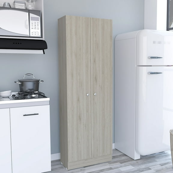 Double Door Pantry Cabinet In Gray For Five Shelves With And Distinct Storage