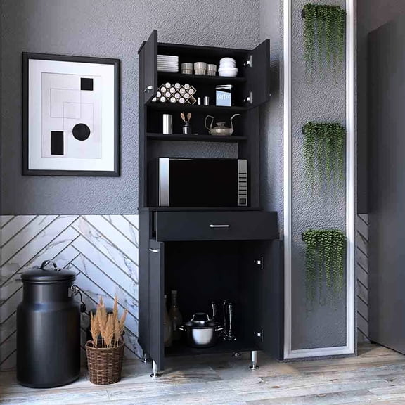 Double Door Pantry Storage Cabinet | Drawer and Shelves for Kitchen Item Arrangement | Particle Board Structure | Handles Kitchen Organization Difficulties