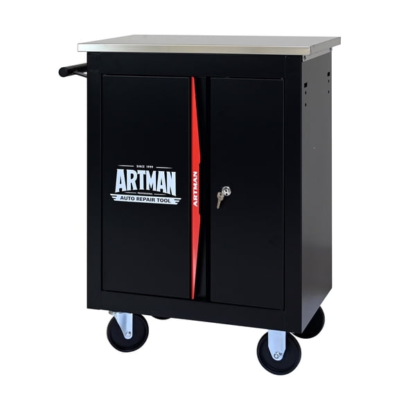Double-Door Rolling Metal Tool Cart on Wheels, 22'' Multifunctional Mobile Metal Tool Chest with Stainless Steel Countertop, Trolley Organizer Tool Storage Box for Repair Shop, Warehouse, Garage