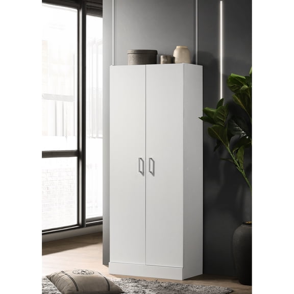Double Door Storage Cabinet, 60" Height, 3 Shelves, 2 Adjustable, White Lamination White, Particle Board Finish