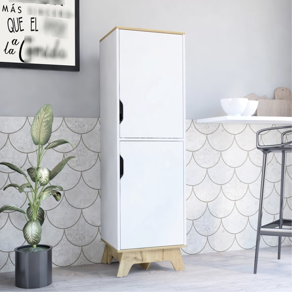 Double Door Storage Cabinet - Extra Space Four Shelves Oak/white For Microwave Use: Door, Space,