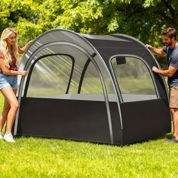 Double Door Tunnel Tent - Portable Outdoor Shed with Thick Strips & Transparent PVC Panoramic View, Quick Setup Nylon Fabric Fiber Bracket, Zipper Closure for Camping Travel Fishing Picnic