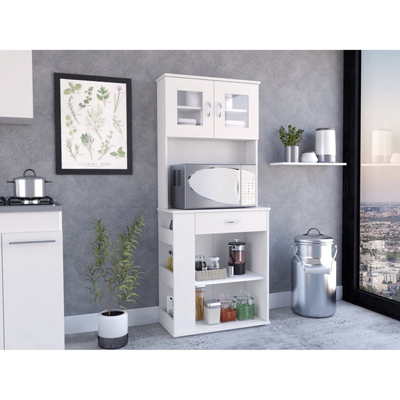 Double Door White Pantry Cabinet With Element For Modern Storage, Two Shelves, One Drawer, Three Side Shelves Quality, Door, Drawer