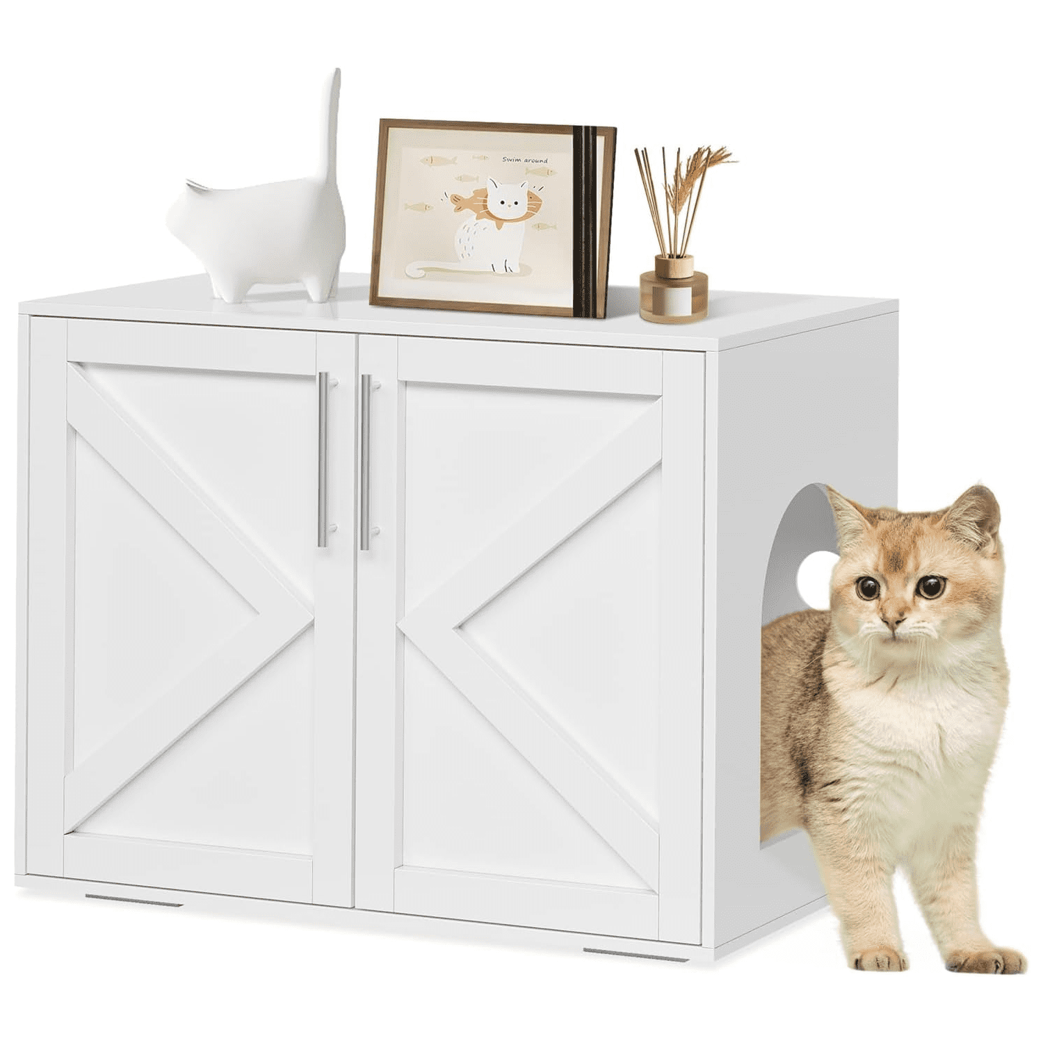 Double-Door Wooden Cat Litter Box Enclosure Cabinet,Multifunctional Hidden Cat Litter Box Furniture