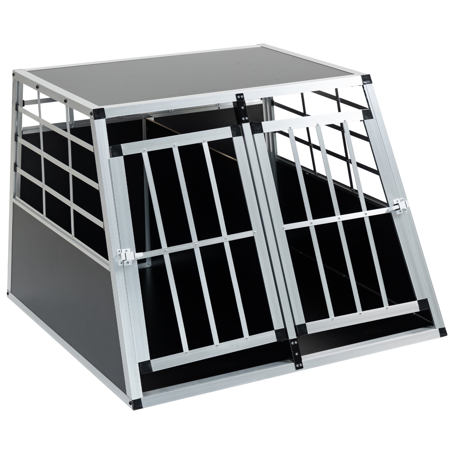 Double Doors Pet Car Transport Cage, Aluminium Puppy Travel Crate Box, Trapezoidal Kennel Dog Cat Carrier Cage, Black