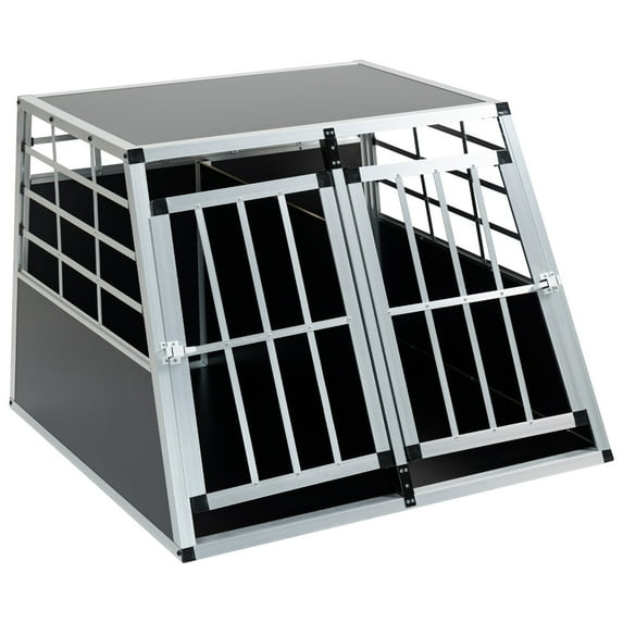 Double Doors Pet Car Transport Cage, Aluminium Puppy Travel Crate Box, Trapezoidal Kennel Dog Cat Carrier Cage, Black