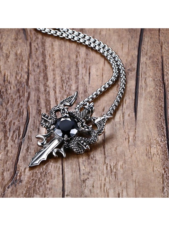 Double Dragon Cross Sword 14K White Gold Filled Pendant Necklace for Men, Vintage Punk Animal Biker Jewelry Gift