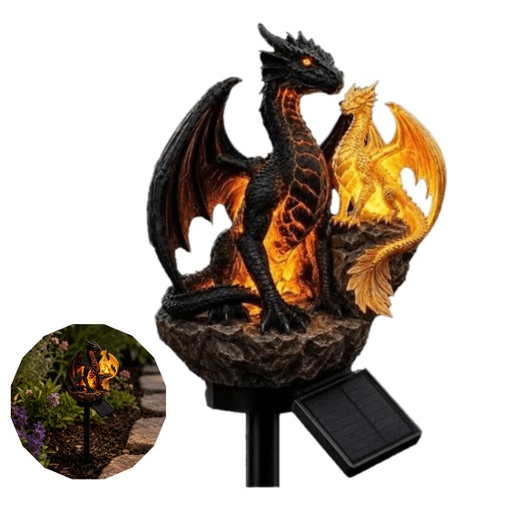 Double Dragon Solar Lawn Stake Light, Black Gold Lava Resin Dragon Figurine Lamp, Waterproof Outdoor Pathway Light, Halloween Decorations for Garden Yard Patio Ornament