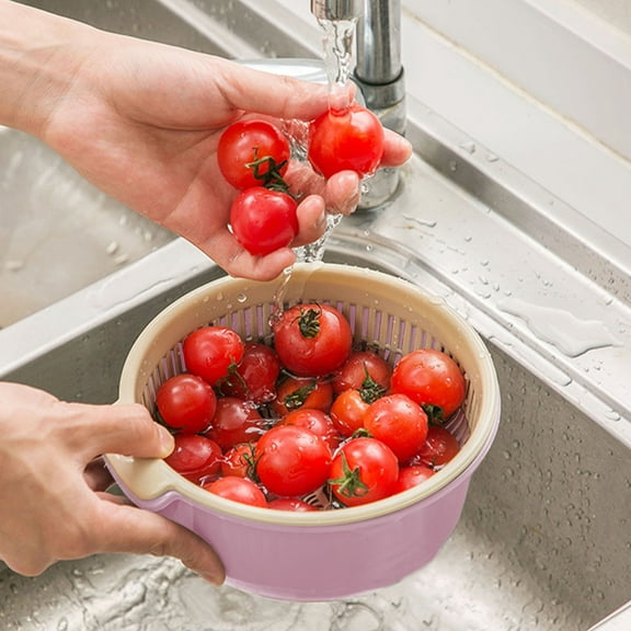 Double Drainage Basket Kitchen Sink Strainer for Fruit Vegetable Washing, 6.3X6.3X3.14In Plastic Colander with Handle, Blue Purple Green Options