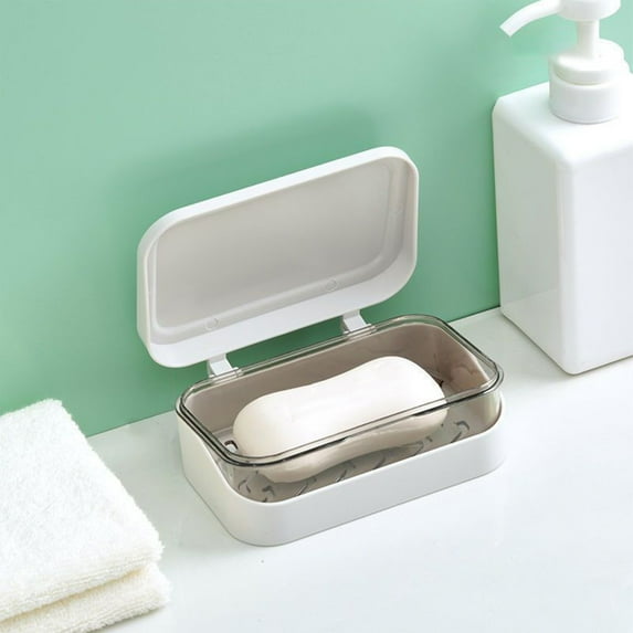 Double Draining Soap Box with Lid, Plastic Soap Holder with Removable Tray and Flip-Top Design for Bathroom, Kitchen, and Travel