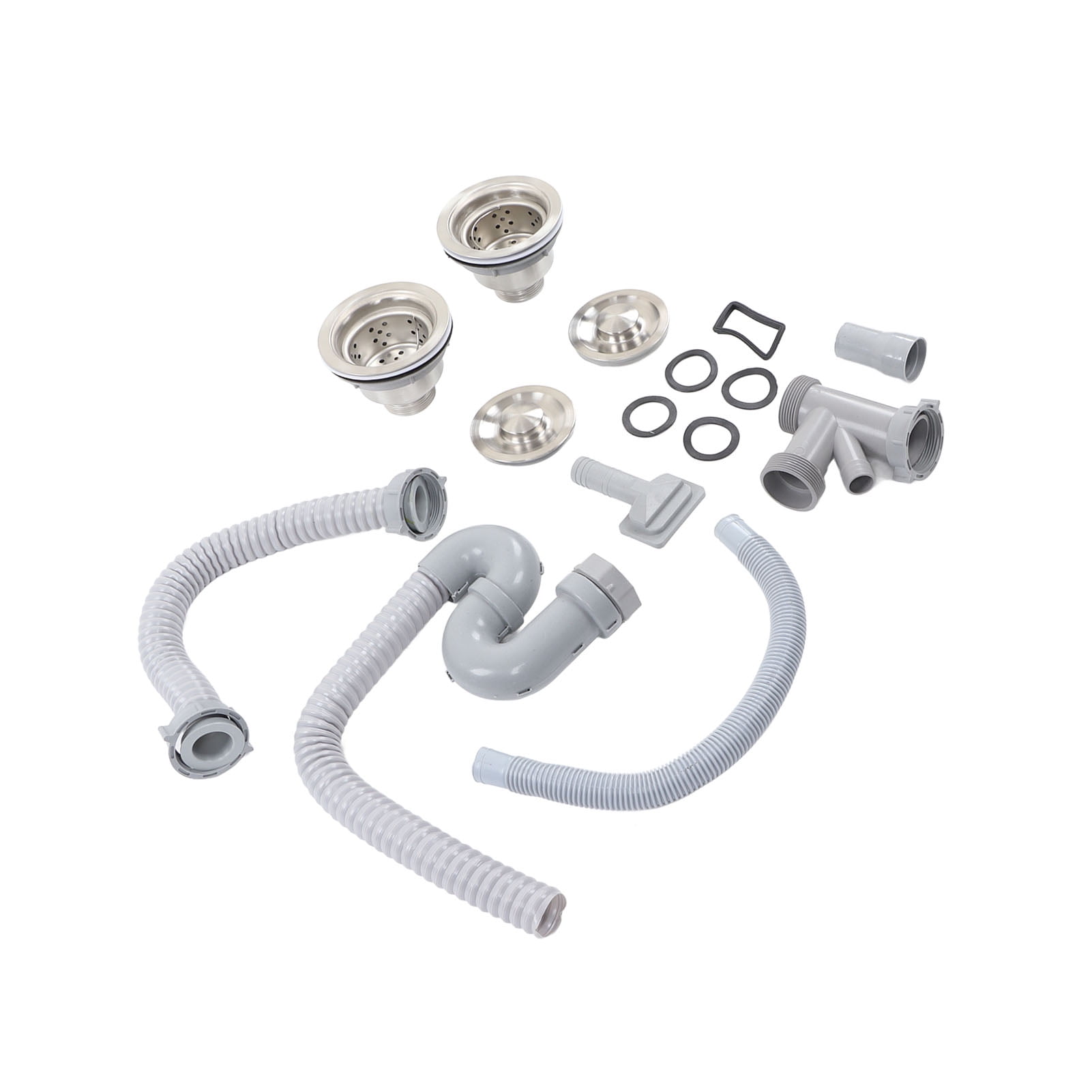 Double Drains Pipe Set, Multi-Fit Bathroom Sink Drain Kit, Sink Drainer Pipe, Stainless Steel S Pipe, Bent with Double Drains Sewer Pipe Set for Bathroom Home Kitchen