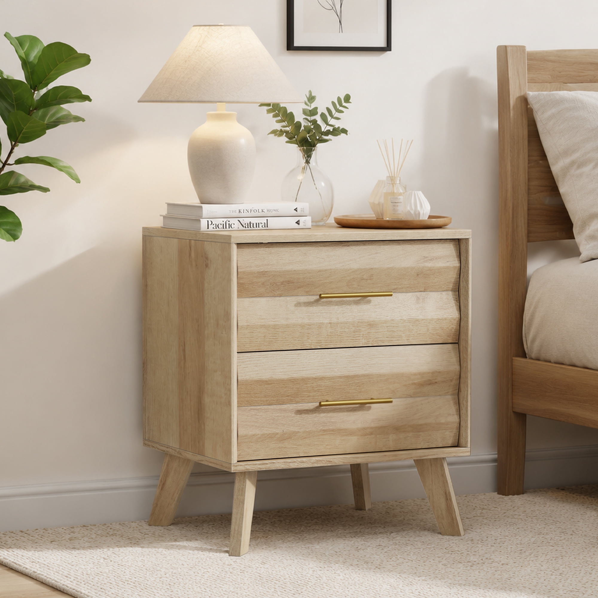 Double Drawer Bedside Table, Medieval-Style Modern Bedroom Bedside Storage Cabinet, Bedside Table With Metal Handles, Single Unit