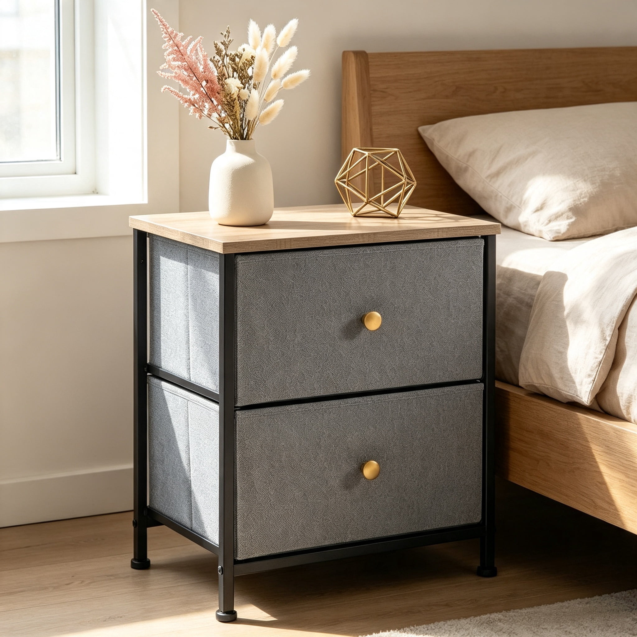 Double Drawer Bedside Table for Bedroom Living Room Storage