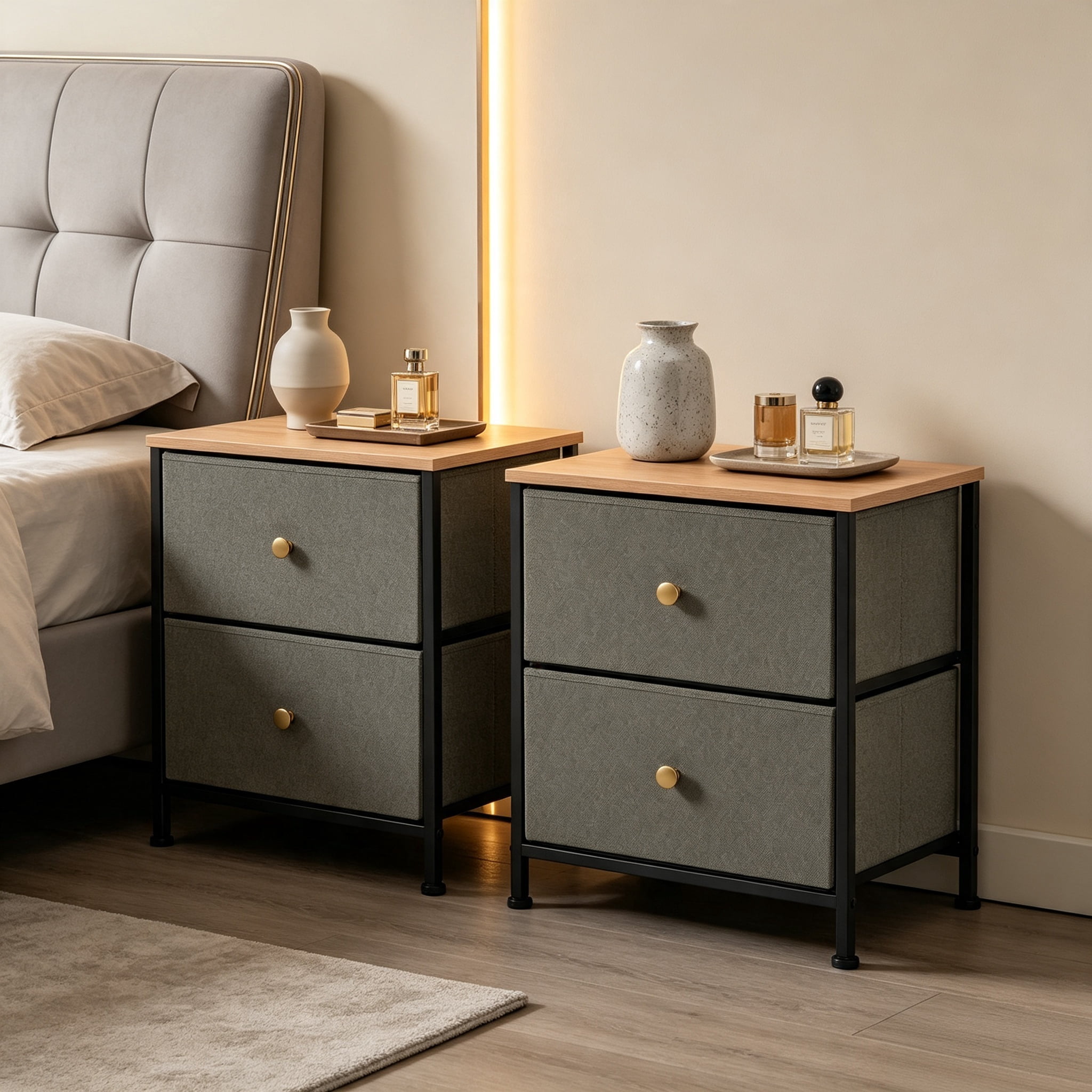 Double Drawer Bedside Table for Bedroom Living Room Storage