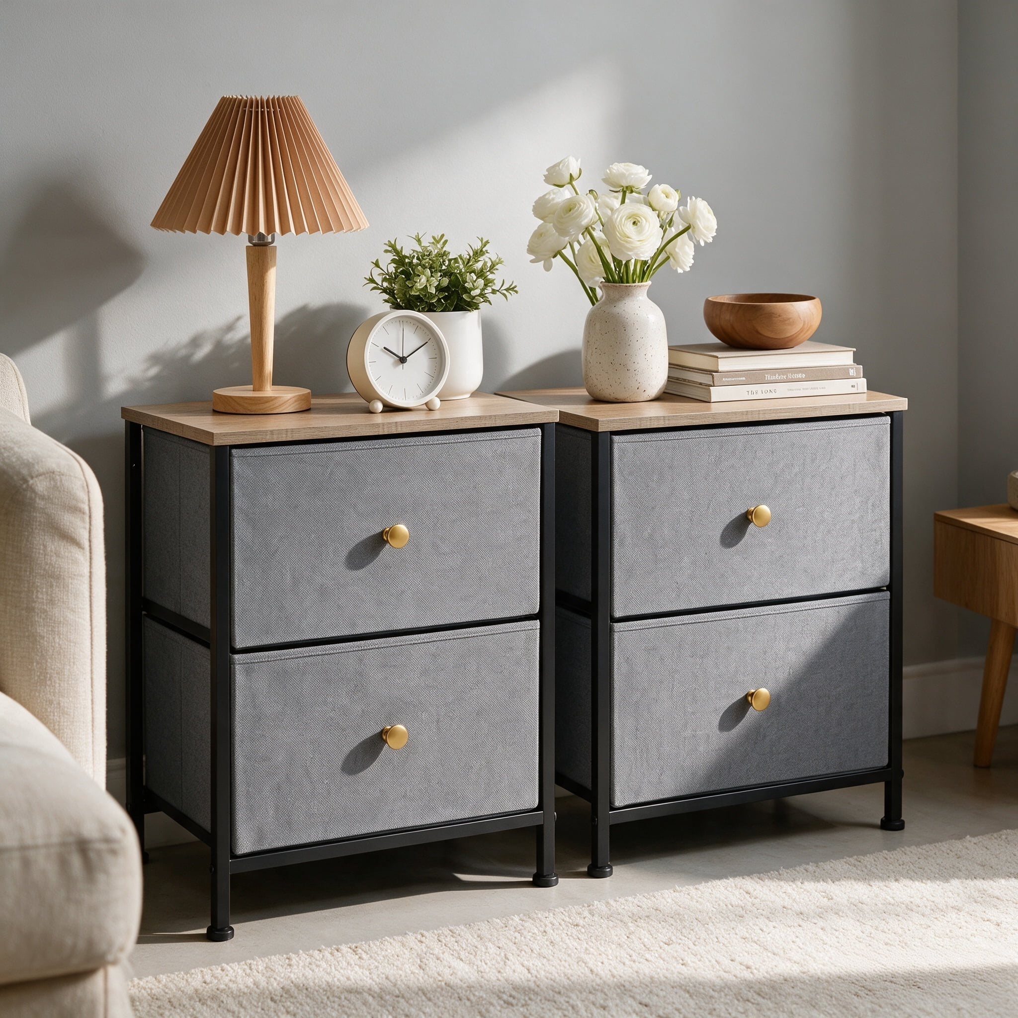 Double Drawer Bedside Table for Bedroom Living Room Storage