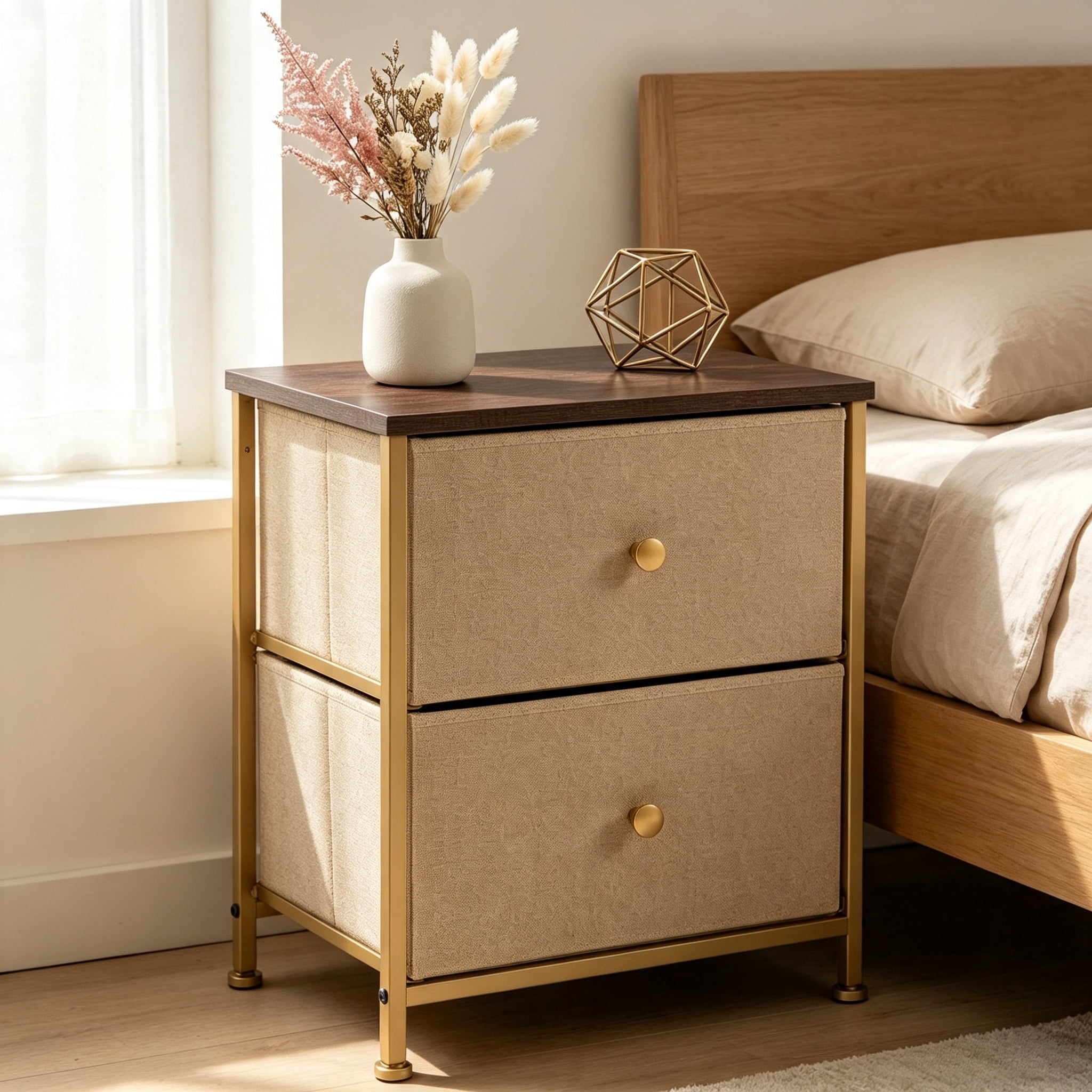 Double Drawer Bedside Table for Bedroom Living Room Storage