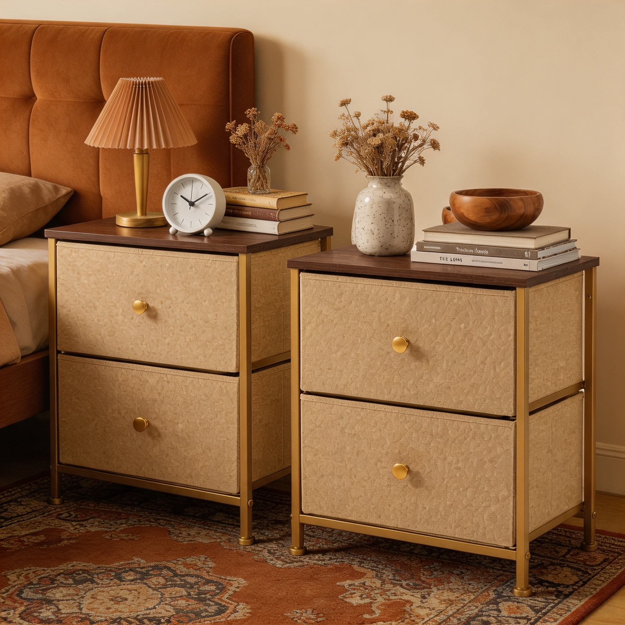 Double Drawer Bedside Table for Bedroom Living Room Storage