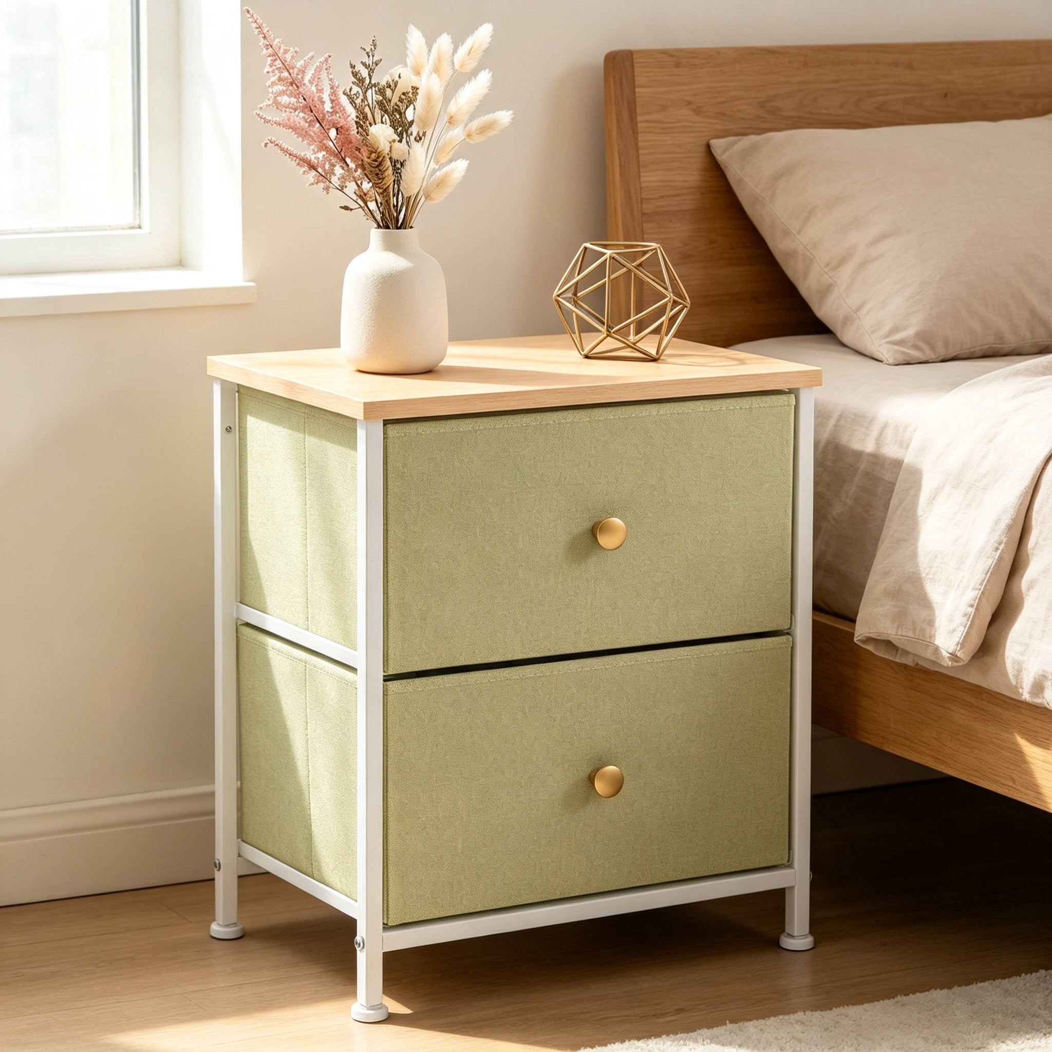 Double Drawer Bedside Table for Bedroom Living Room Storage